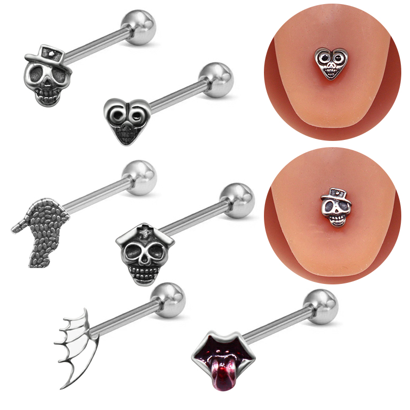 1 Piece Tongue Rings Hip-Hop Exaggerated Punk Wings Skull 316 Stainless Steel  Copper Inlay White Gold Plated Tongue Rings display picture 3