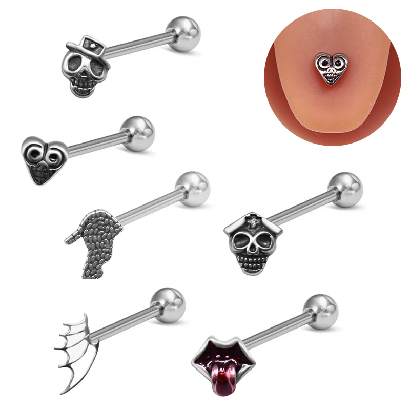 1 Piece Tongue Rings Hip-Hop Exaggerated Punk Wings Skull 316 Stainless Steel  Copper Inlay White Gold Plated Tongue Rings display picture 9