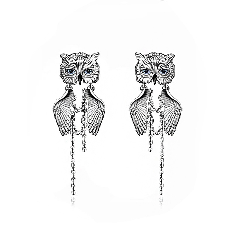 1 Pair IG Style Cool Style Owl Carving Copper Tassel Palladium-Plated White K Drop Earrings display picture 2