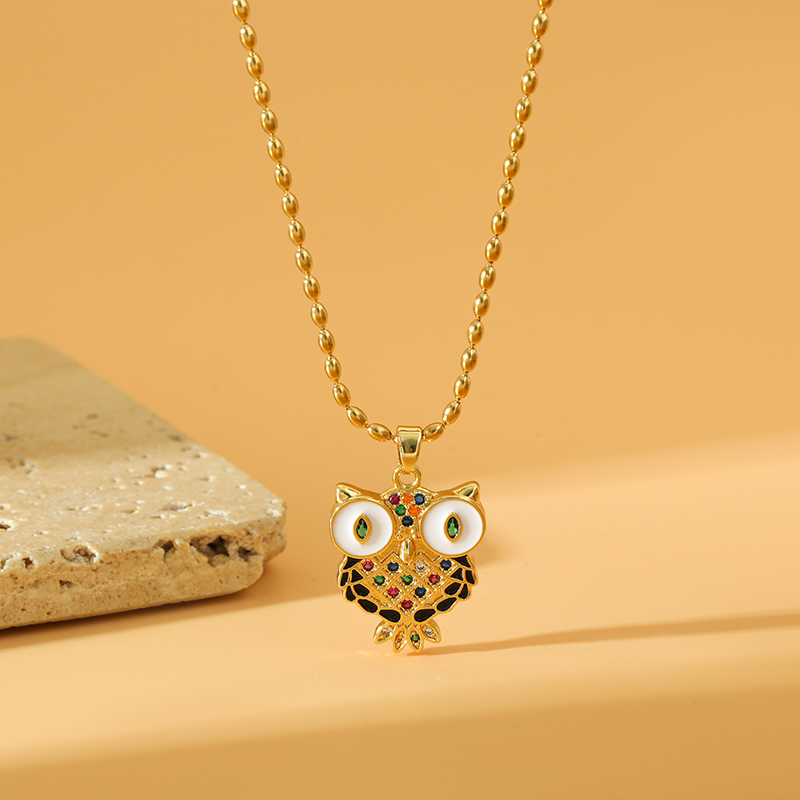 Wholesale Sweet Simple Style Owl Stainless Steel Copper Inlay 18K Gold Plated Zircon Pendant Necklace display picture 2