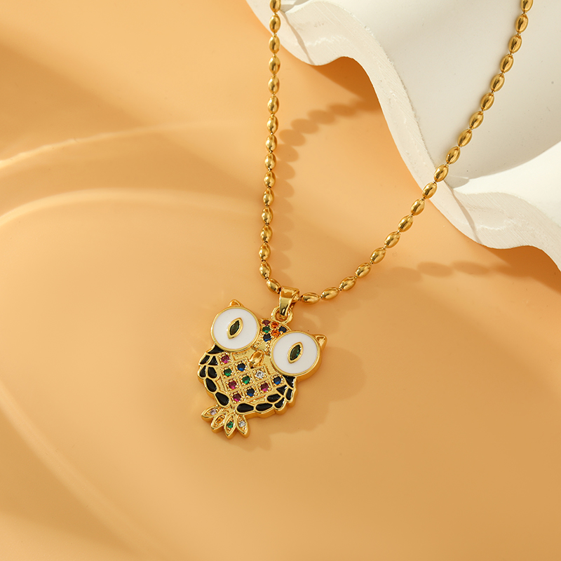 Wholesale Sweet Simple Style Owl Stainless Steel Copper Inlay 18K Gold Plated Zircon Pendant Necklace display picture 1