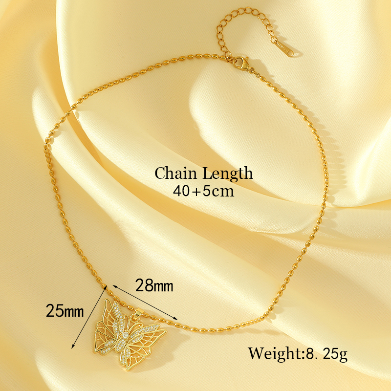 Stainless Steel Titanium Steel 18K Gold Plated IG Style Simple Style Shiny Hollow Out Inlay Butterfly Zircon Pendant Necklace display picture 5