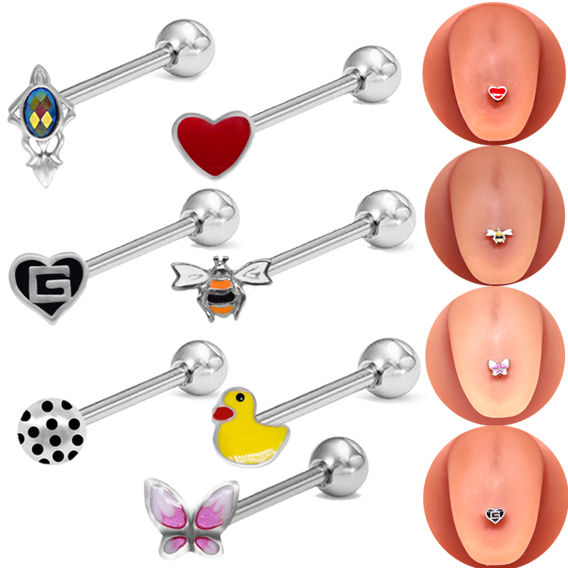 1 Piece Tongue Rings Funny Punk Animal Heart Shape Butterfly Stainless Steel Copper Painted Epoxy Inlay Acrylic Rhinestones White Gold Plated Tongue Rings display picture 11