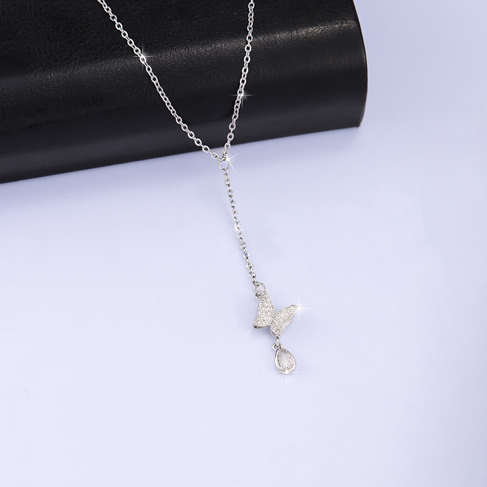 Wholesale Simple Style Butterfly Stainless Steel Copper Inlay White Gold Plated Zircon Pendant Necklace display picture 7