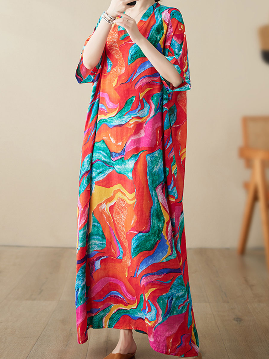 Women's Regular Dress Vintage Style Vacation Ethnic Style V Neck Printing Short Sleeve Printing Color Block Maxi Long Dress Holiday Daily display picture 5