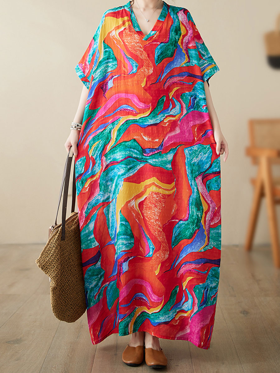 Women's Regular Dress Vintage Style Vacation Ethnic Style V Neck Printing Short Sleeve Printing Color Block Maxi Long Dress Holiday Daily display picture 1