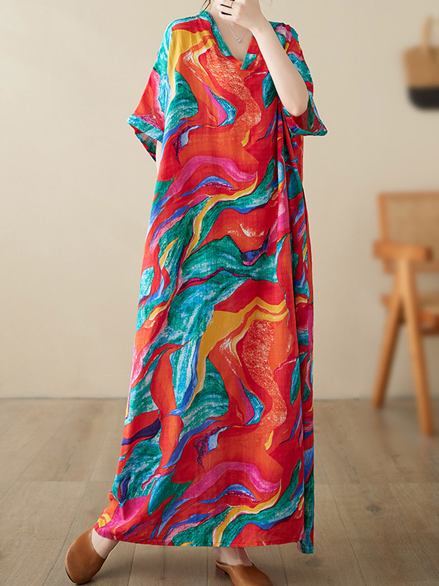 Women's Regular Dress Vintage Style Vacation Ethnic Style V Neck Printing Short Sleeve Printing Color Block Maxi Long Dress Holiday Daily display picture 2
