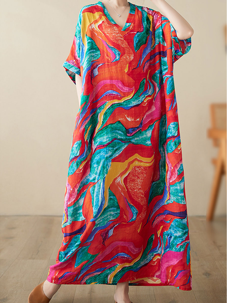 Women's Regular Dress Vintage Style Vacation Ethnic Style V Neck Printing Short Sleeve Printing Color Block Maxi Long Dress Holiday Daily display picture 3