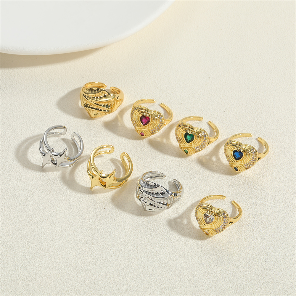 Wholesale Vintage Style Simple Style Commute Star Heart Shape Solid Color Copper Inlay 14K Gold Plated Zircon Open Rings display picture 3
