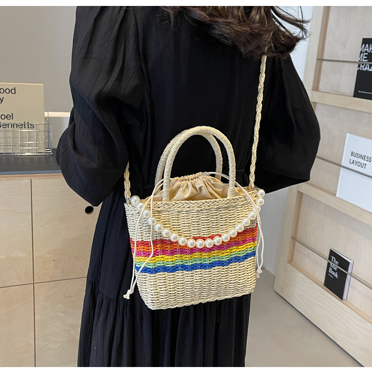 Women's Medium Straw Color Block Classic Style Square String Handbag display picture 3