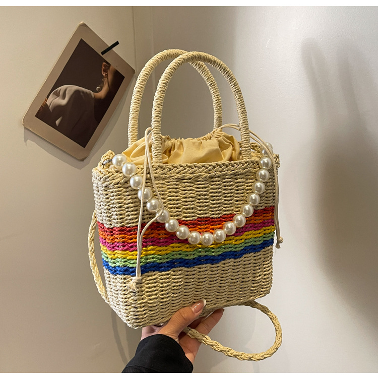 Women's Medium Straw Color Block Classic Style Square String Handbag display picture 6