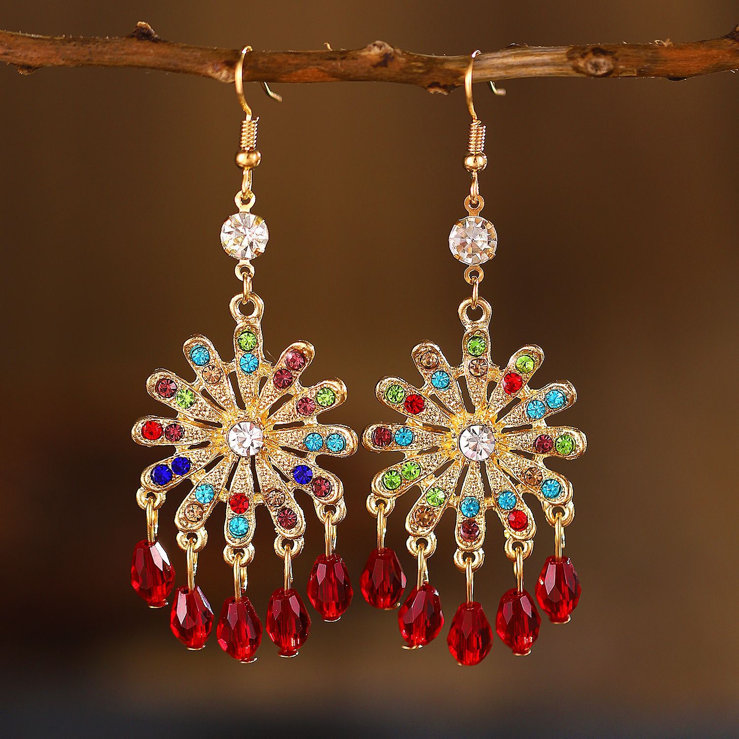 1 Pair Vintage Style Bohemian Water Droplets Petal Crystal Inlay Alloy Rhinestones Drop Earrings display picture 6