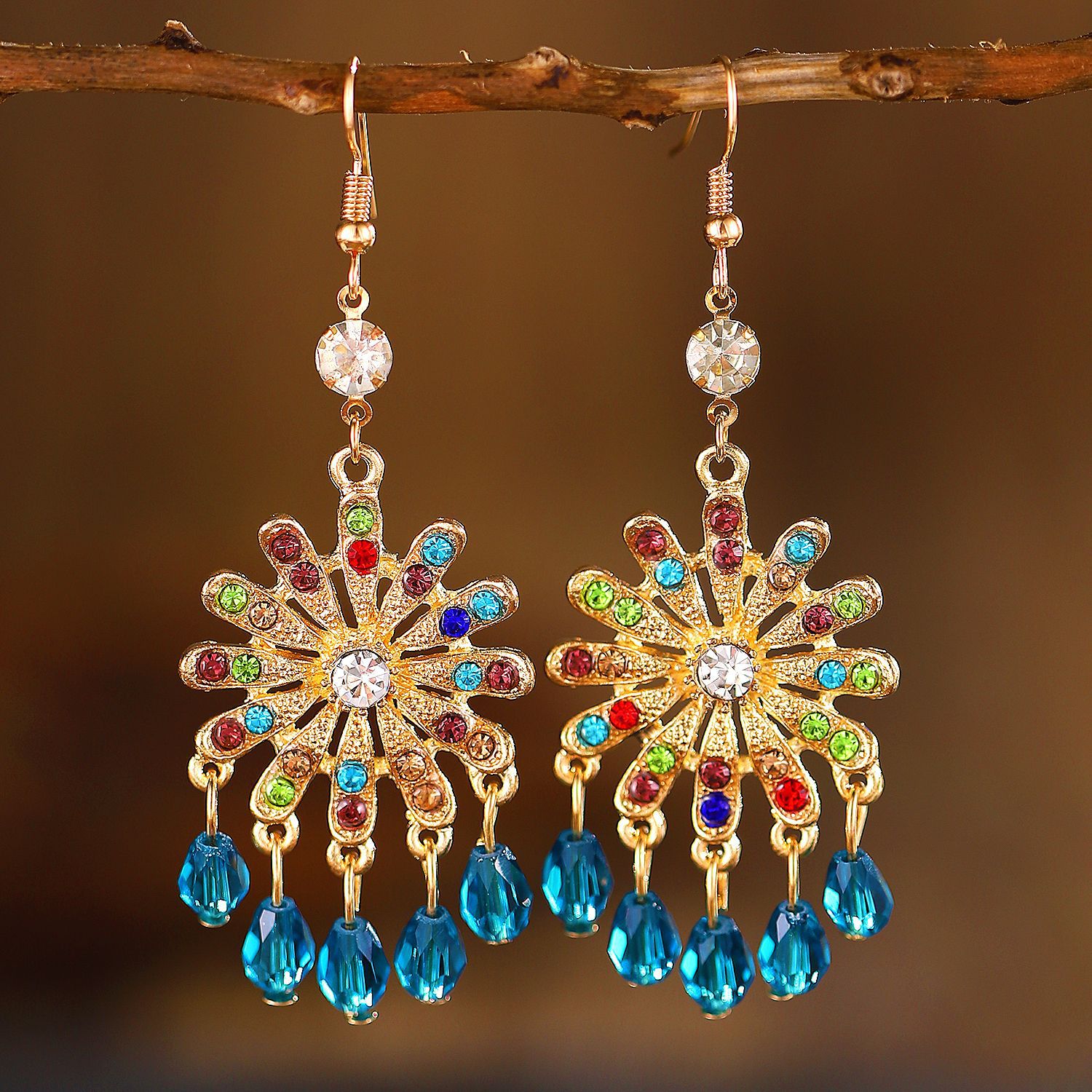 1 Pair Vintage Style Bohemian Water Droplets Petal Crystal Inlay Alloy Rhinestones Drop Earrings display picture 5