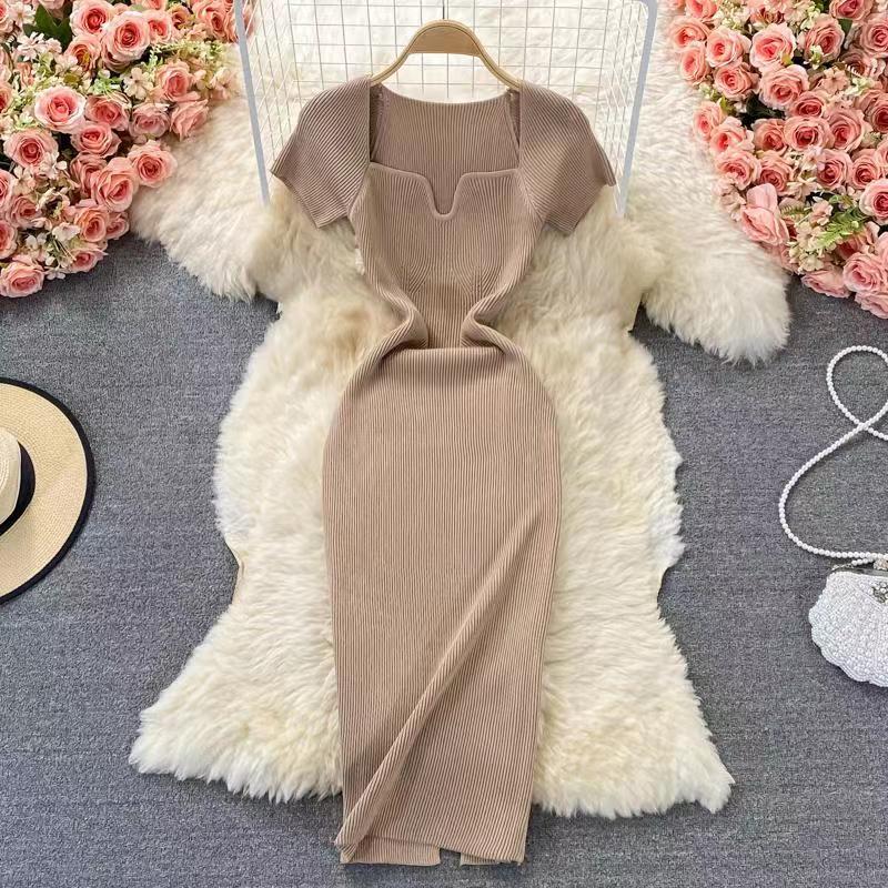Women's Sheath Dress Slit Dress Casual Square Neck Short Sleeve Solid Color Maxi Long Dress Daily display picture 10