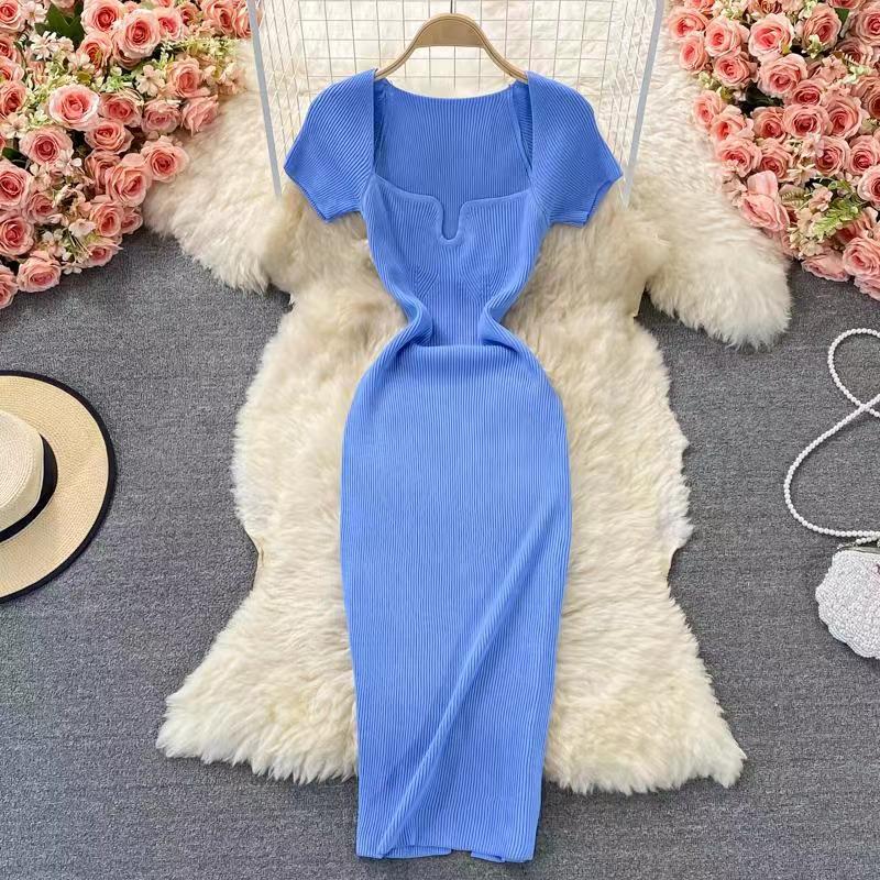 Women's Sheath Dress Slit Dress Casual Square Neck Short Sleeve Solid Color Maxi Long Dress Daily display picture 4