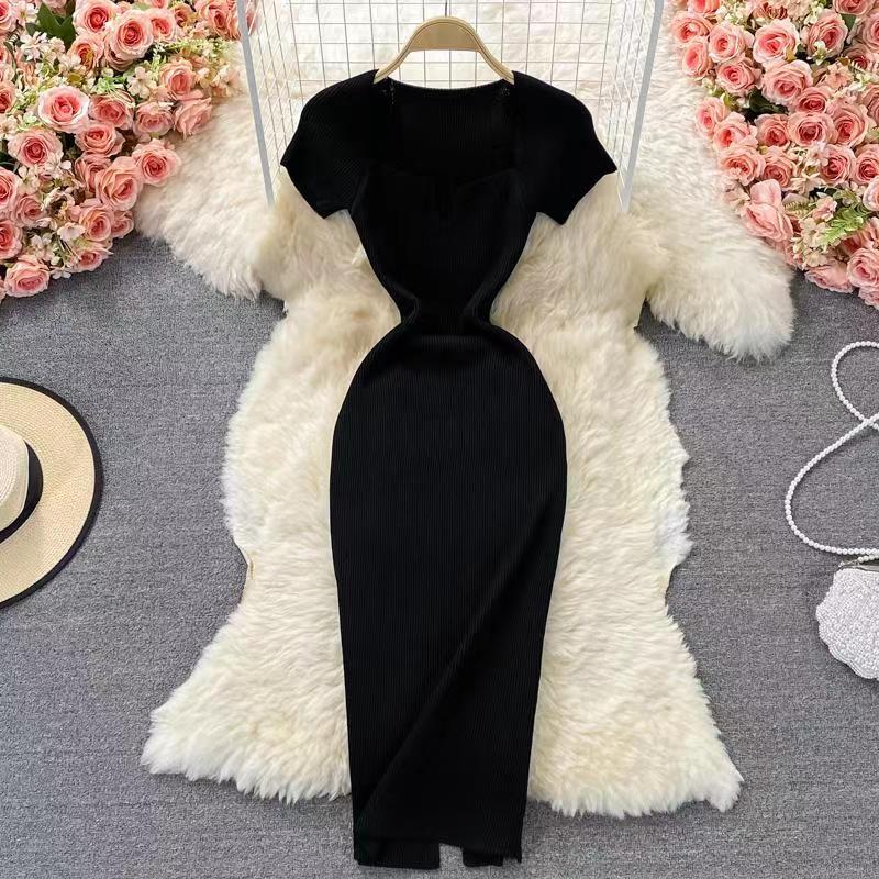 Women's Sheath Dress Slit Dress Casual Square Neck Short Sleeve Solid Color Maxi Long Dress Daily display picture 7