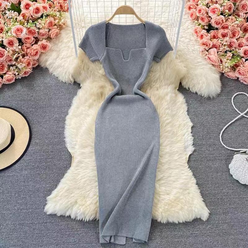 Women's Sheath Dress Slit Dress Casual Square Neck Short Sleeve Solid Color Maxi Long Dress Daily display picture 11