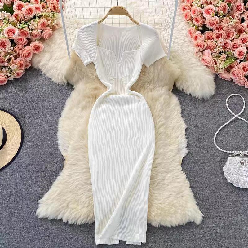 Women's Sheath Dress Slit Dress Casual Square Neck Short Sleeve Solid Color Maxi Long Dress Daily display picture 6