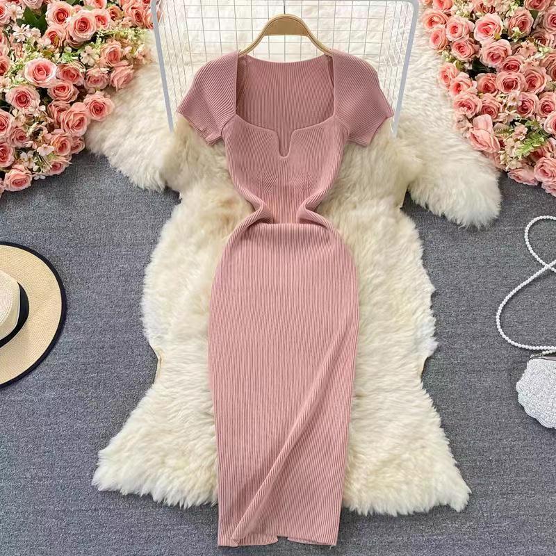 Women's Sheath Dress Slit Dress Casual Square Neck Short Sleeve Solid Color Maxi Long Dress Daily display picture 12