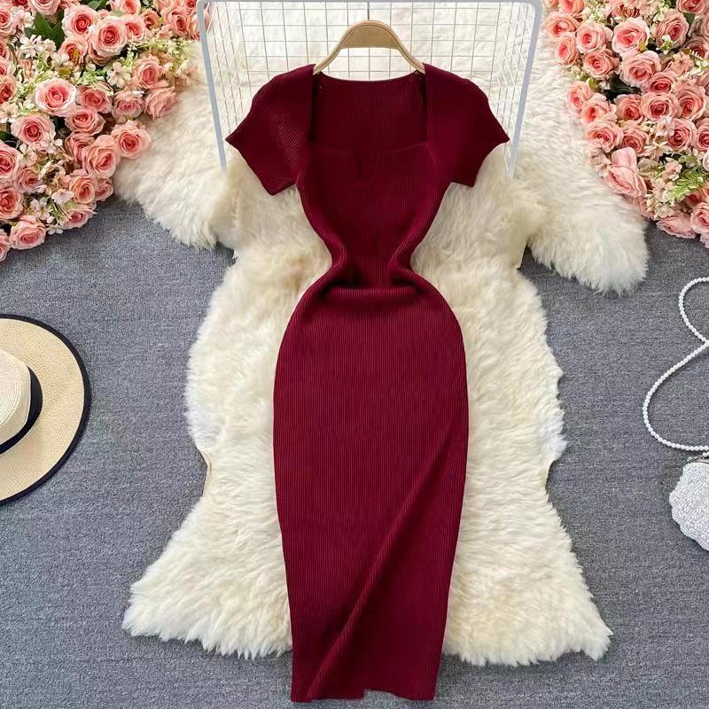 Women's Sheath Dress Slit Dress Casual Square Neck Short Sleeve Solid Color Maxi Long Dress Daily display picture 1