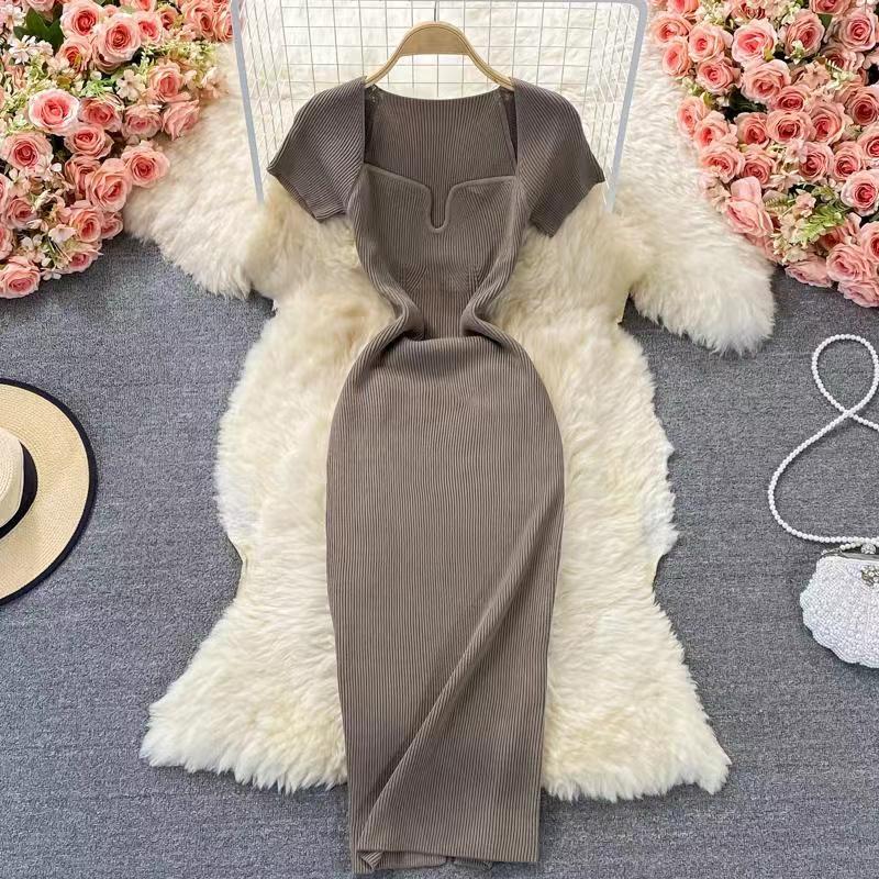 Women's Sheath Dress Slit Dress Casual Square Neck Short Sleeve Solid Color Maxi Long Dress Daily display picture 8