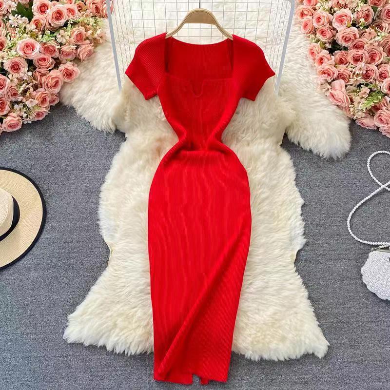 Women's Sheath Dress Slit Dress Casual Square Neck Short Sleeve Solid Color Maxi Long Dress Daily display picture 5