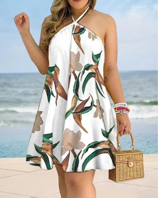 Vacation Leaves Flower Halter Neck Sleeveless Printing Polyester Knee-length A-line Skirt display picture 7
