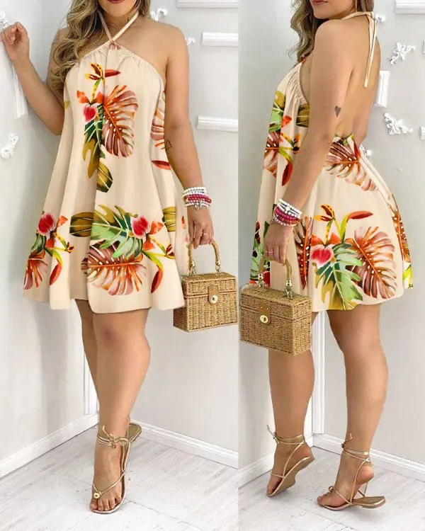 Vacation Leaves Flower Halter Neck Sleeveless Printing Polyester Knee-length A-line Skirt display picture 26