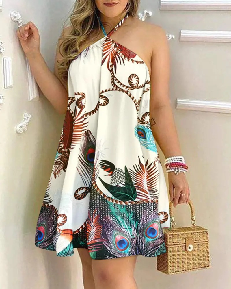 Vacation Leaves Flower Halter Neck Sleeveless Printing Polyester Knee-length A-line Skirt display picture 40