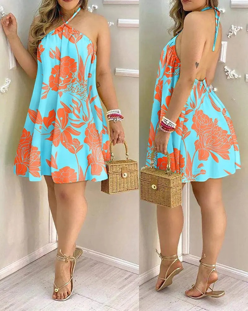 Vacation Leaves Flower Halter Neck Sleeveless Printing Polyester Knee-length A-line Skirt display picture 45