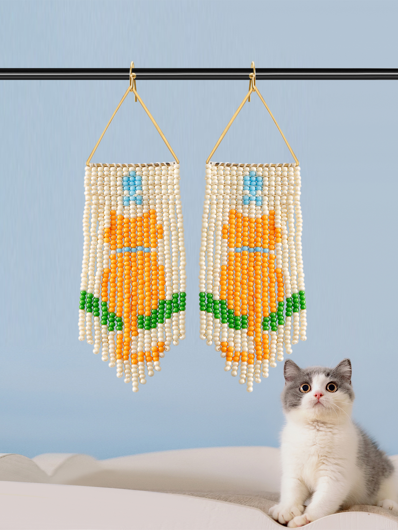 1 Pair Cute Bohemian Cat Beaded Tassel Seed Bead Drop Earrings display picture 4