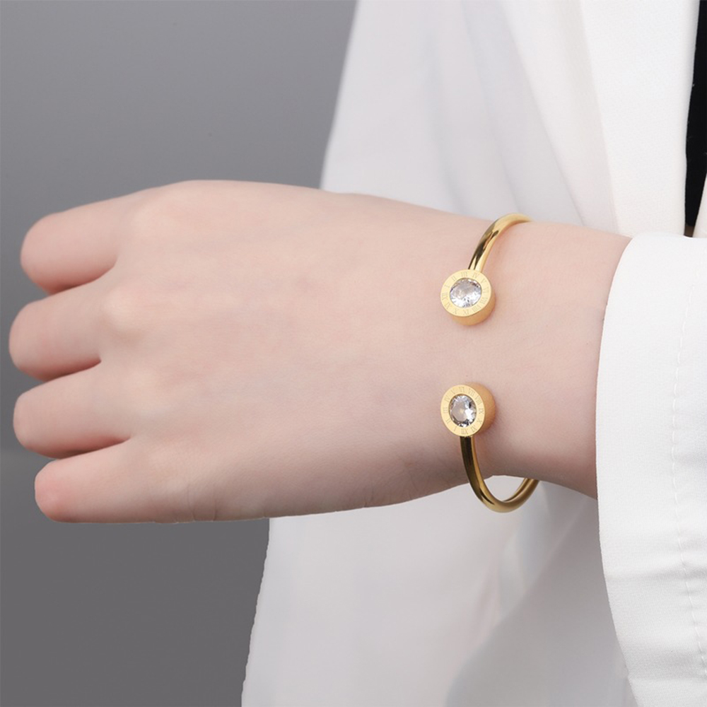 Retro Roman Numeral 304 Stainless Steel 18K Gold Plated Zircon Bangle In Bulk display picture 2