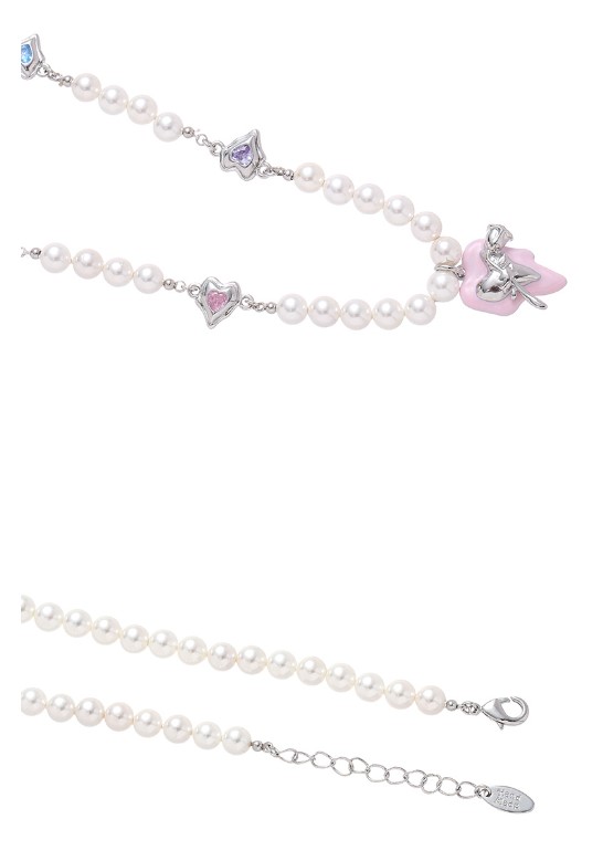 Sweet Heart Shape Imitation Pearl Brass Enamel White Gold Plated Women's Earrings Necklace display picture 5