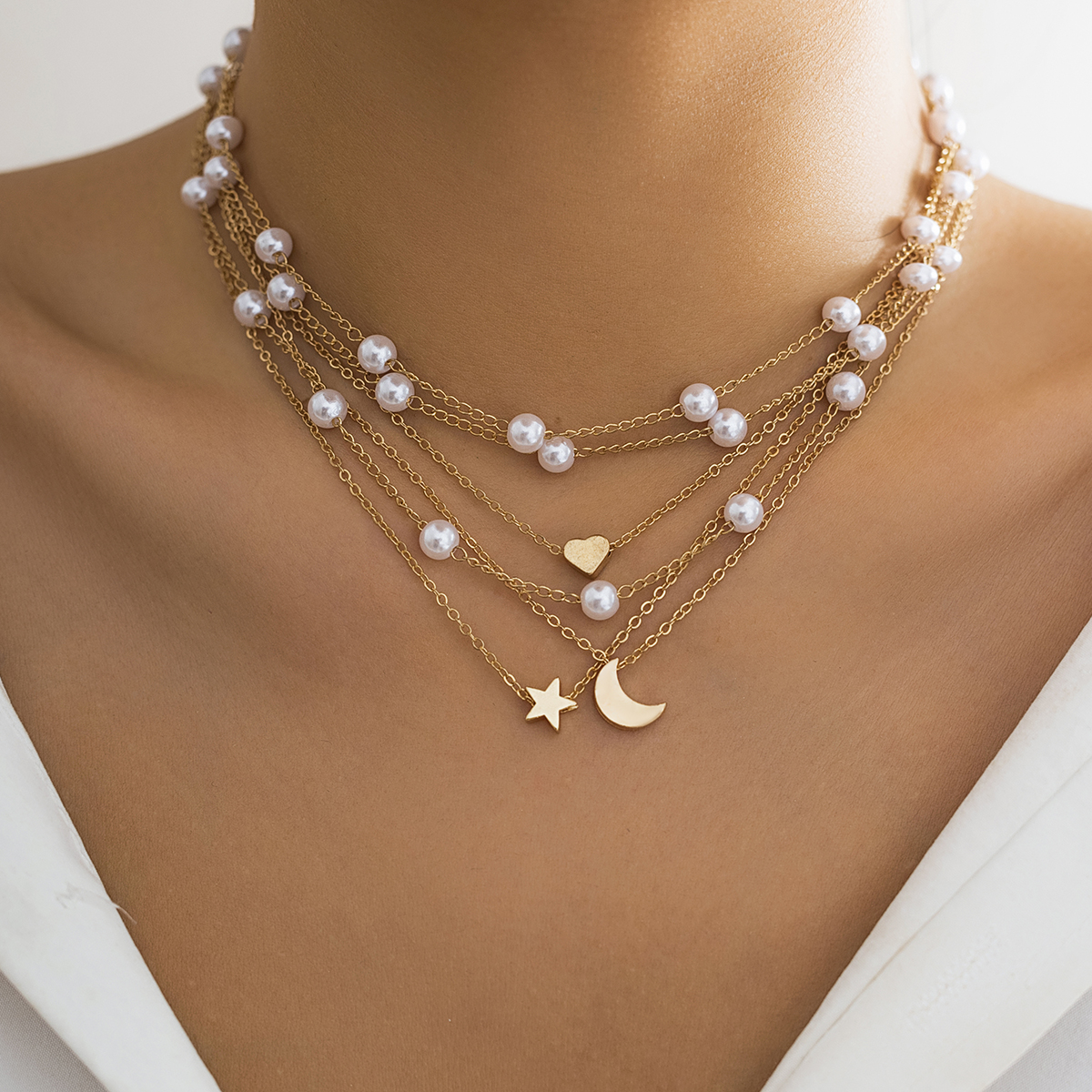 Imitation Pearl Alloy Copper Vintage Style Simple Style Star Moon Heart Shape Double Layer Necklaces display picture 2