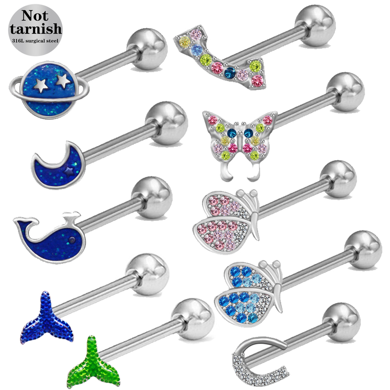 1 Piece Lip Rings Simple Style Classic Style Animal Fruit Snowflake 316 Stainless Steel  Rhinestone Titanium Steel Plating Inlay Rhinestones White Gold Plated Tongue Rings display picture 7