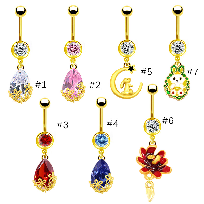 1 Piece Belly Rings Sweet Pastoral Water Droplets Rose Flower Stainless Steel Alloy Inlay Acrylic Rhinestones Glass White Gold Plated Gold Plated display picture 1