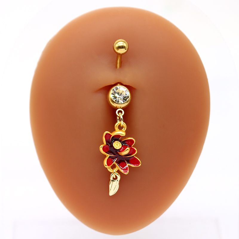1 Piece Belly Rings Sweet Pastoral Water Droplets Rose Flower Stainless Steel Alloy Inlay Acrylic Rhinestones Glass White Gold Plated Gold Plated display picture 9