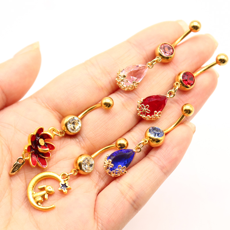 1 Piece Belly Rings Sweet Pastoral Water Droplets Rose Flower Stainless Steel Alloy Inlay Acrylic Rhinestones Glass White Gold Plated Gold Plated display picture 16