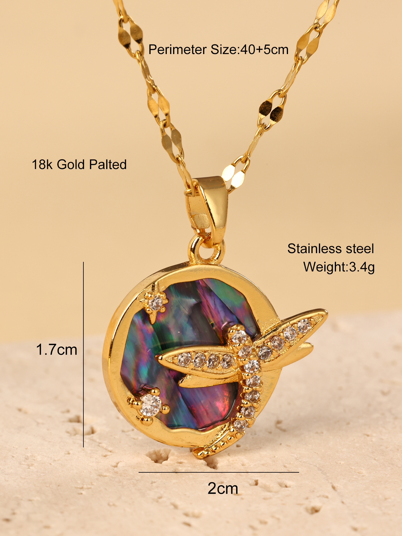 Stainless Steel 18K Gold Plated IG Style Luxurious Round Dragonfly Painted Inlay Shell Zircon Pendant Necklace display picture 3