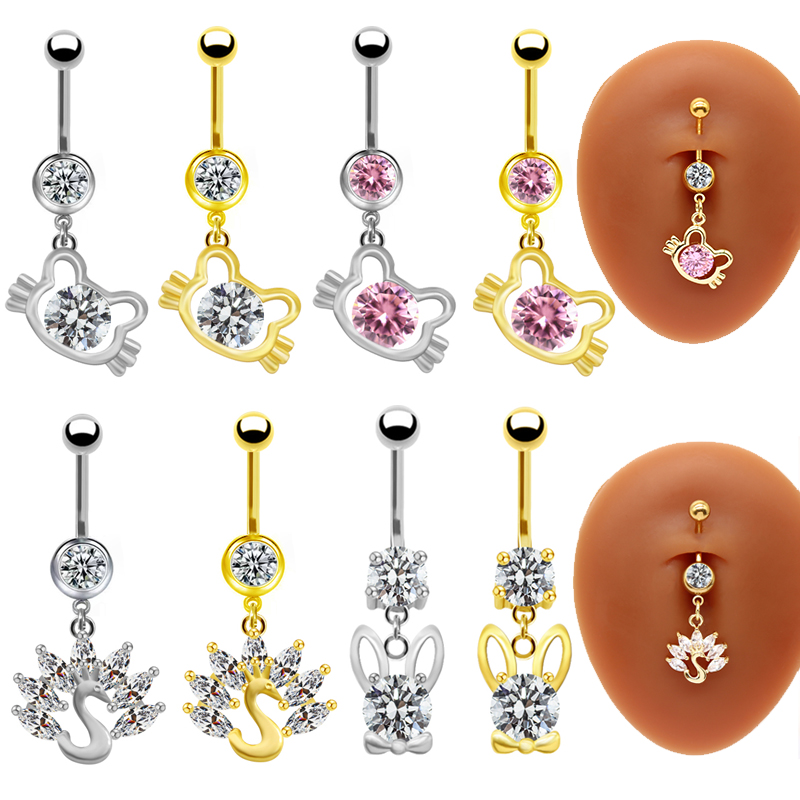 1 Piece Belly Rings Elegant Cute Shiny Rabbit Peacock Cat Stainless Steel Copper Hollow Out Inlay Rhinestones Zircon White Gold Plated Gold Plated display picture 11