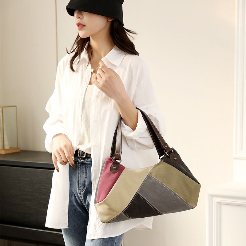 Women's Canvas Color Block Vintage Style Sewing Thread Pillow Shape Zipper Shoulder Bag display picture 4