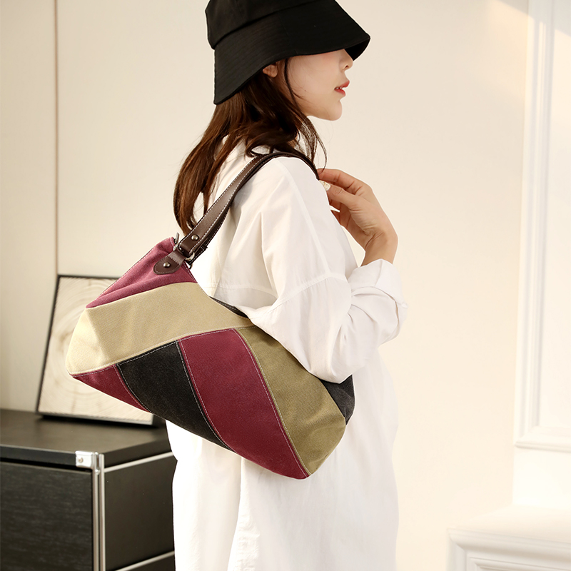 Women's Canvas Color Block Vintage Style Sewing Thread Pillow Shape Zipper Shoulder Bag display picture 2