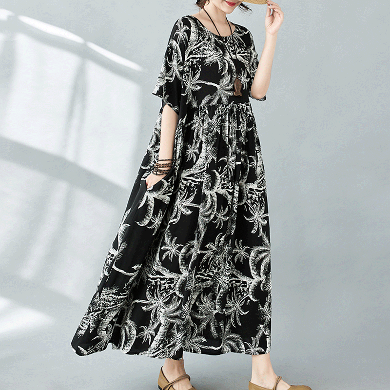 Women's Swing Dress Regular Dress Vacation Ethnic Style Bohemian Round Neck Short Sleeve Printing Maxi Long Dress Holiday Travel display picture 4