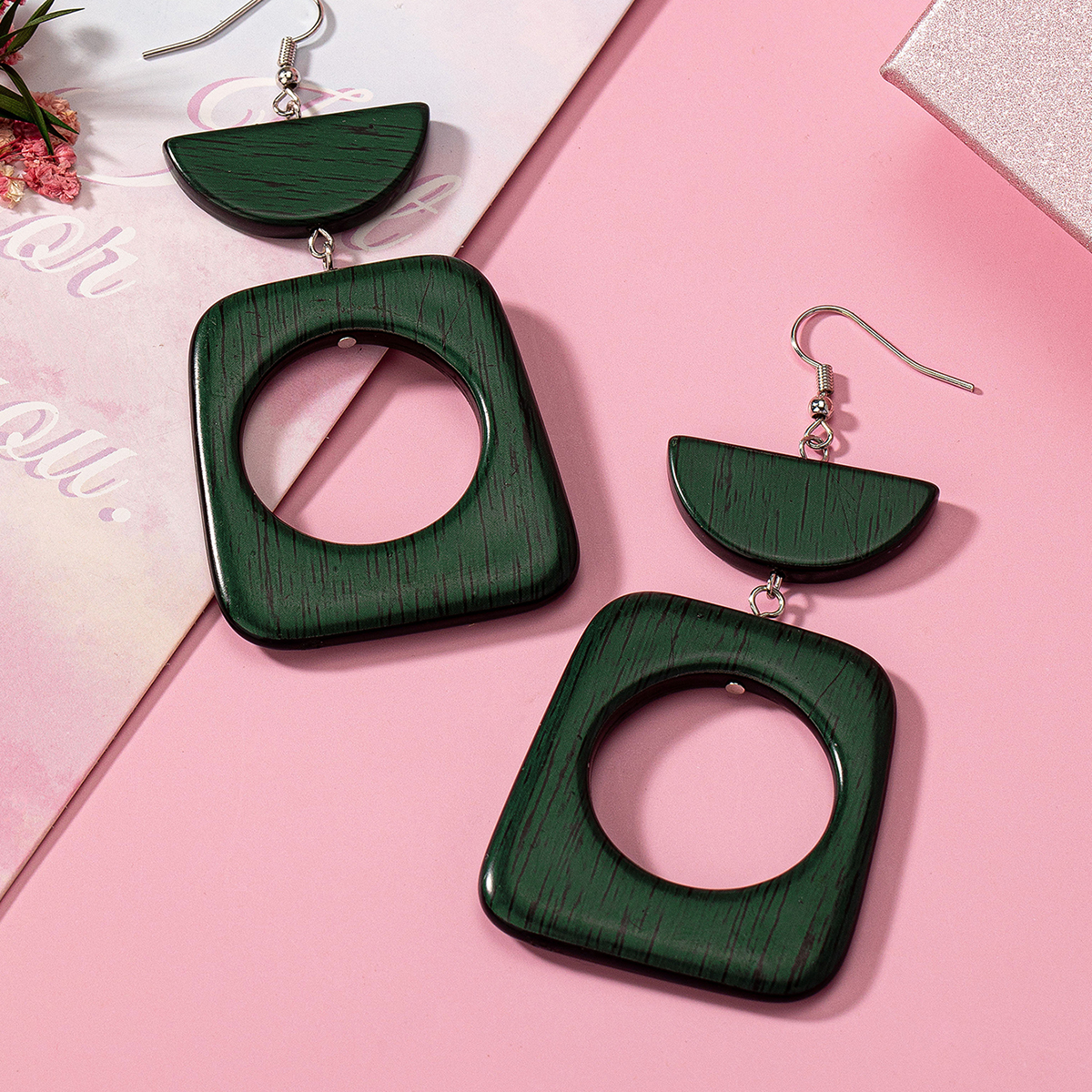 1 Pair Simple Style Classic Style Semicircle Rectangle Hollow Out Wood Drop Earrings display picture 5