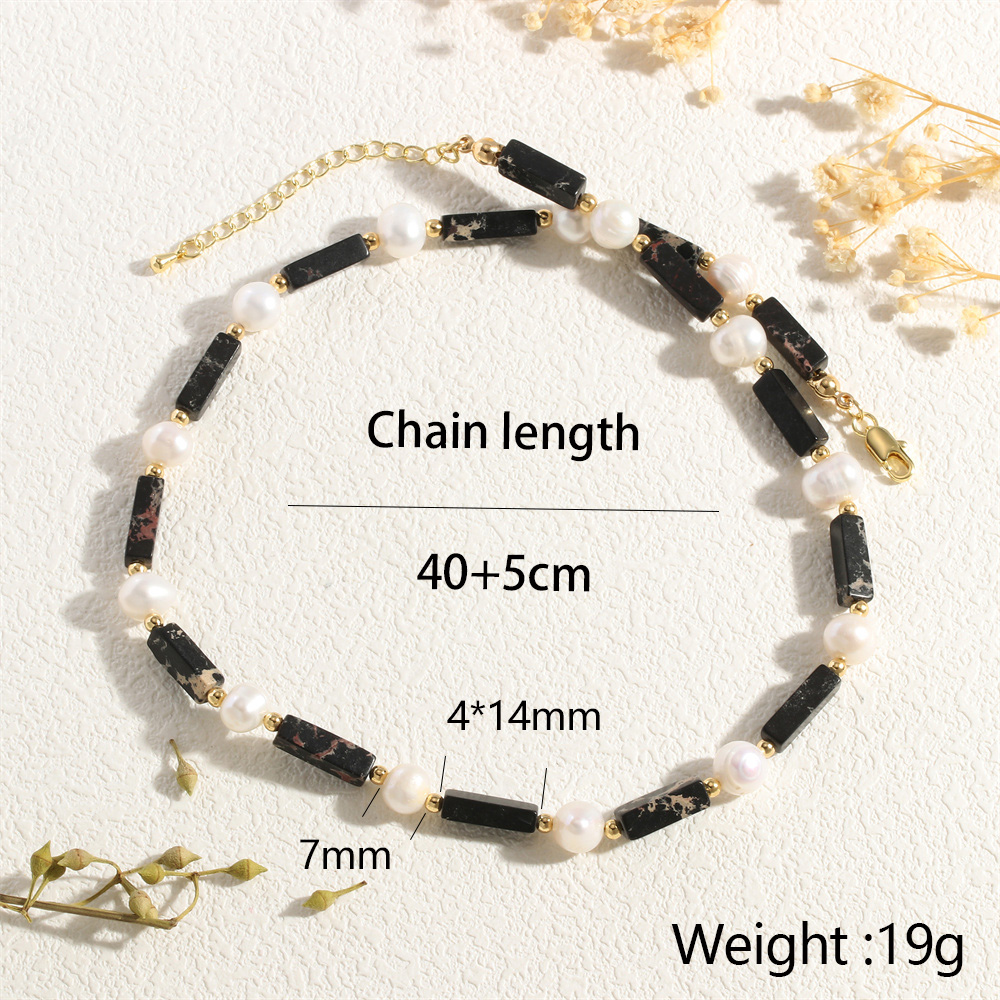 IG-Stil Handgemacht Koreanische Art Rechteck Süßwasserperle Stein Kupfer Perlen 18 Karat Vergoldet Frau Halskette display picture 8