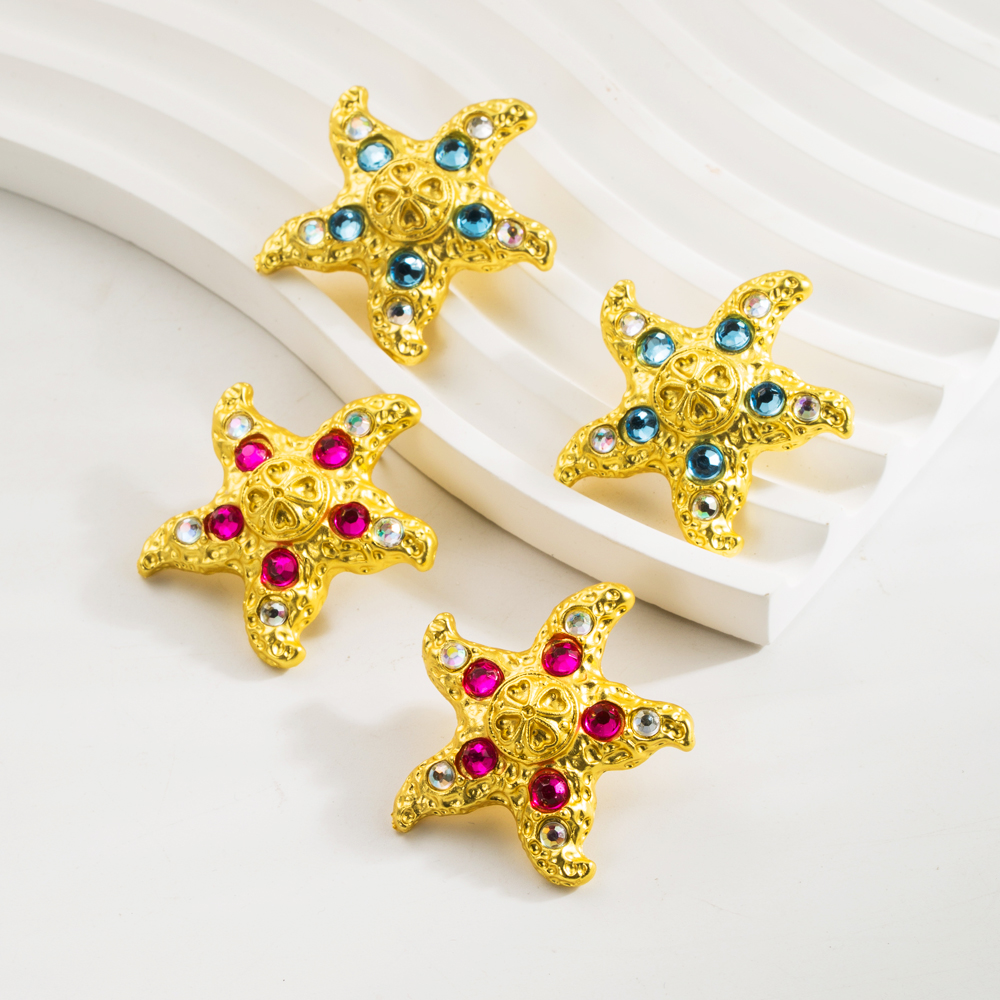1 Pair Vacation Beach Starfish Inlay Alloy Rhinestones Gold Plated Ear Studs display picture 3