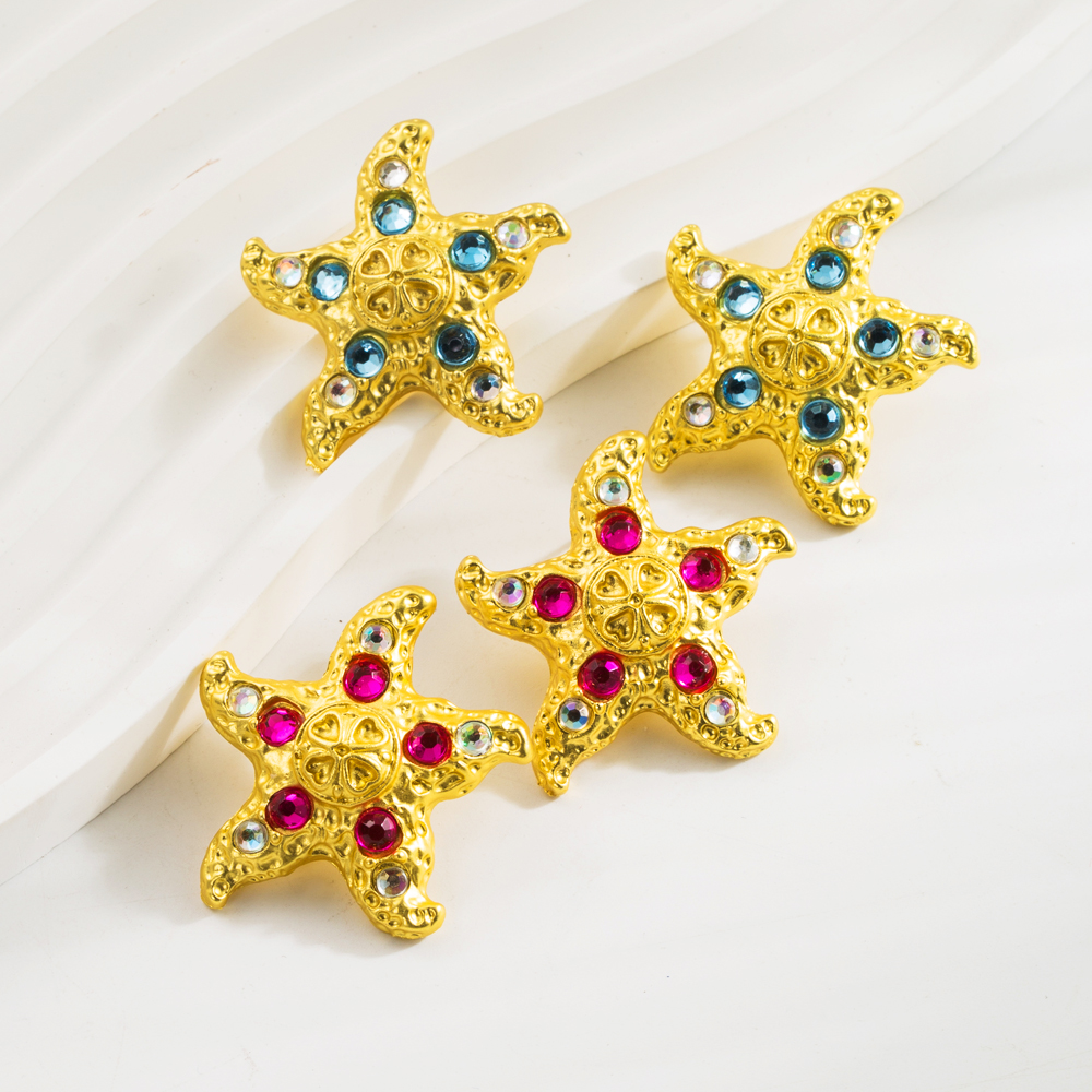 1 Pair Vacation Beach Starfish Inlay Alloy Rhinestones Gold Plated Ear Studs display picture 4
