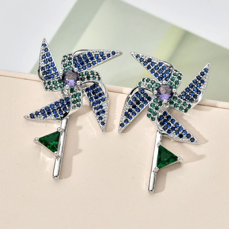 1 Pair Classical Tropical Windmill Polishing Plating Inlay Copper Zircon 18K Gold Plated Ear Studs display picture 2