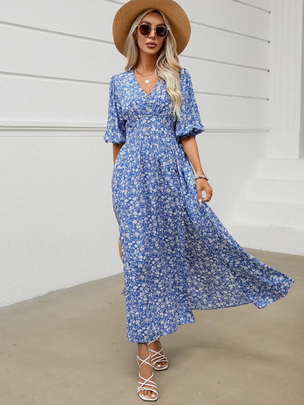 Women's Regular Dress Pastoral V Neck Half Sleeve Printing Maxi Long Dress Holiday Daily display picture 3