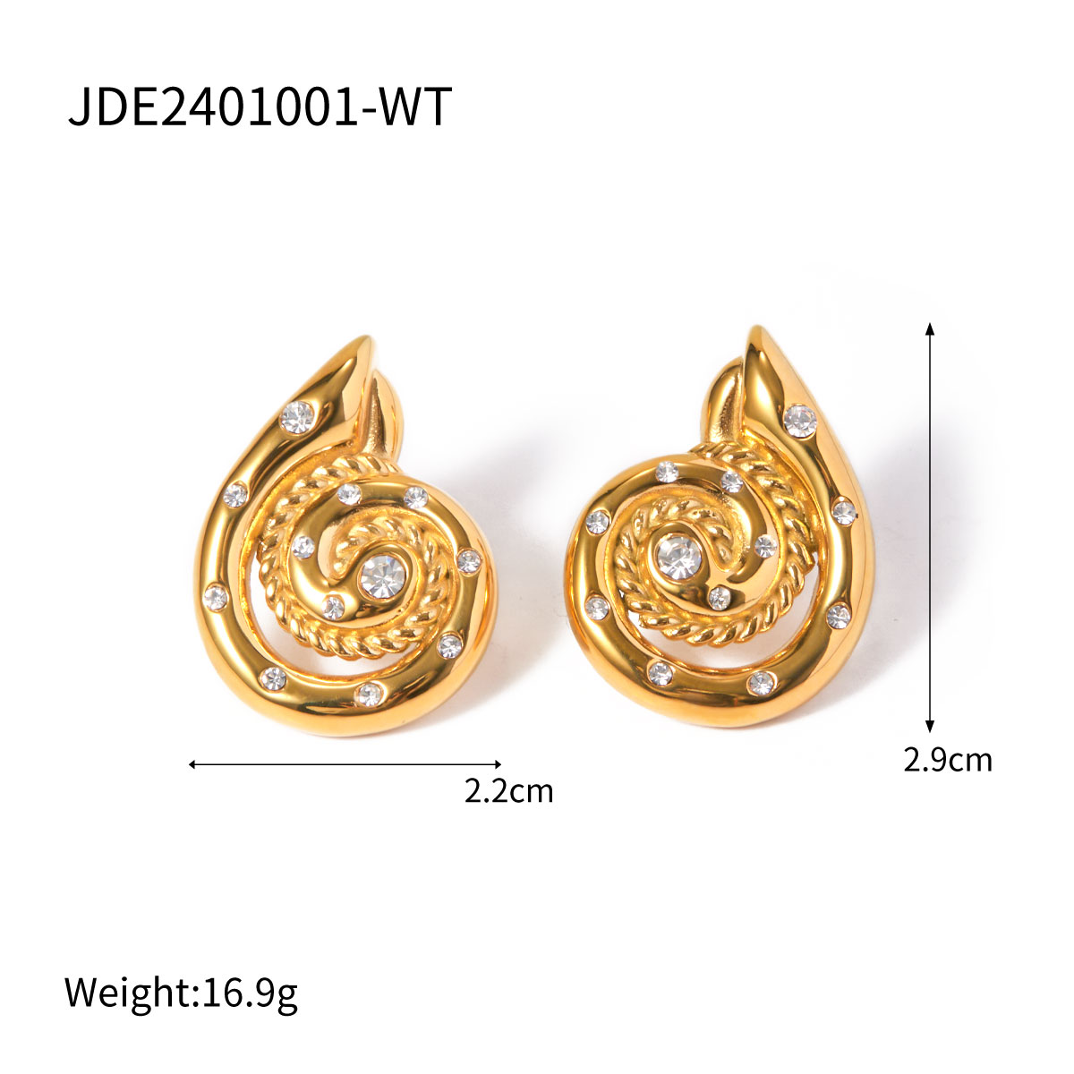 1 Pair IG Style Simple Style Spiral Inlay 316 Stainless Steel  Rhinestones 18K Gold Plated Ear Studs display picture 1